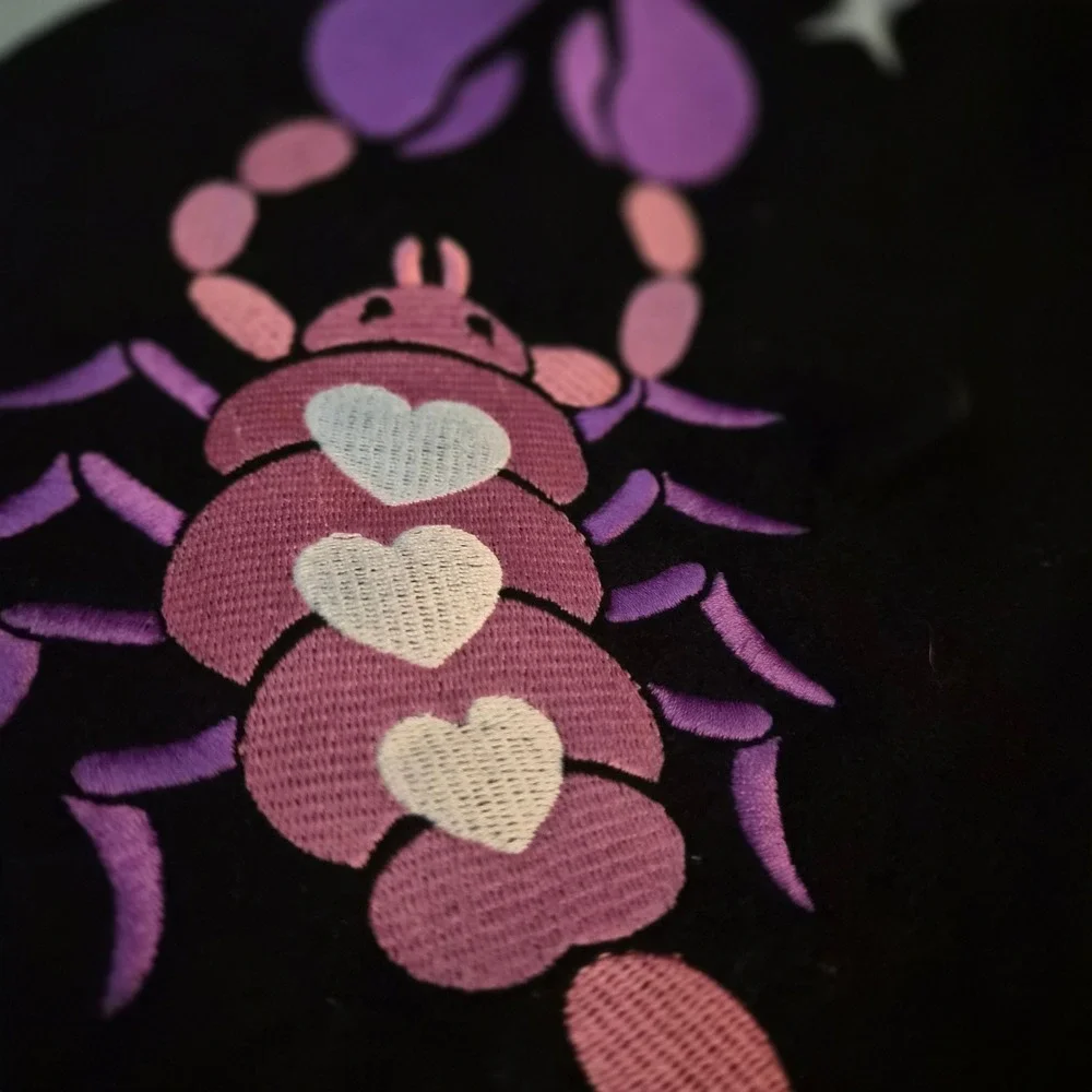 Black Wool Beret Pink Purple Heart Scorpion Embroidery Celestial Zodiac Hat
